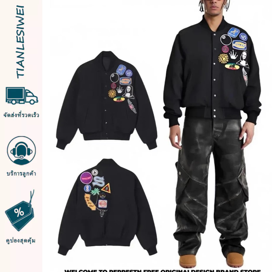 TIANLESIWEI เสื้อเชิ้ตผู้ชาย ป้ายติดฉลากแบรนด์แฟชั่นไฮสตรีทของอเมริกาเสื้อแจ็คเก็ตปัก