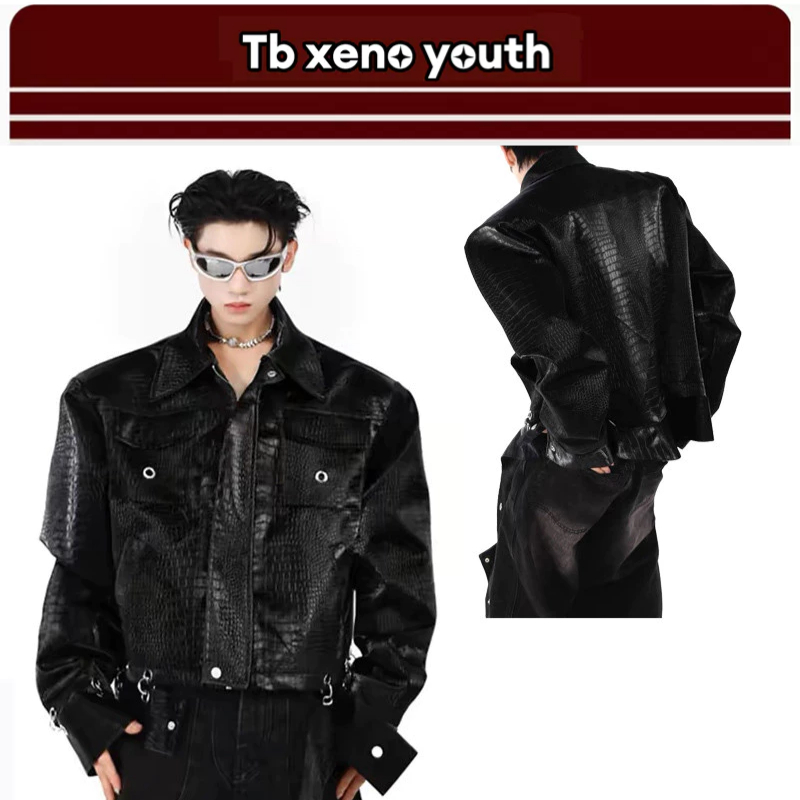 Tb xeno youth เสื้อแจ็คเก็ตหนัง PU ลายจระเข้ช่องทางยาวย้อนยุค สําหรับผู้ชาย