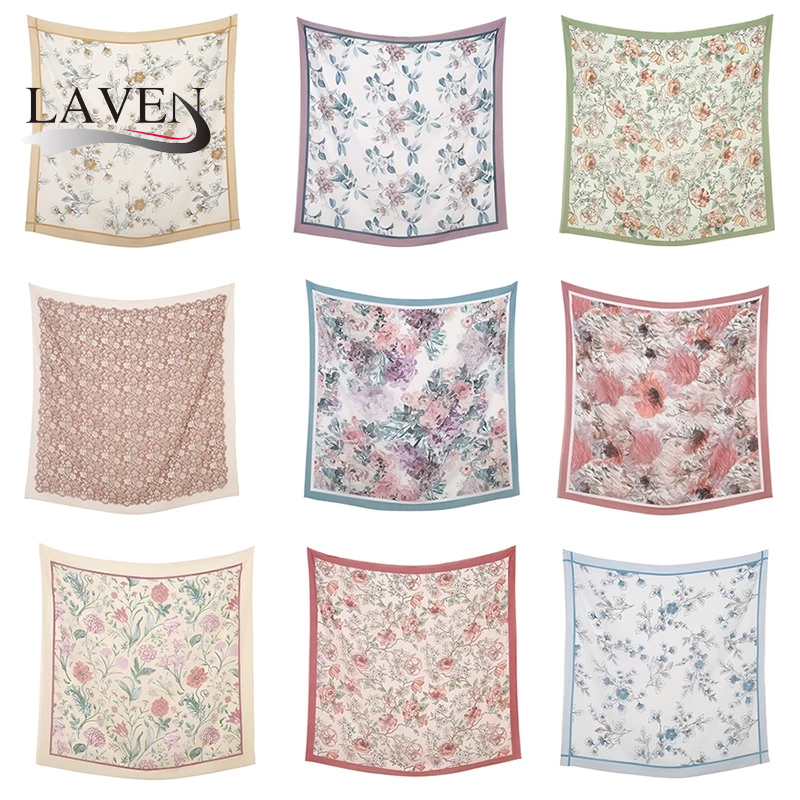 Laven 110*110 ซม.Premium Voile Bawal เลเซอร์ขอบดอกไม้พิมพ์ฮิญาบผ้าคลุมไหล่ผ้าพันคอสี่เหลี่ยมมุสลิม Tudung