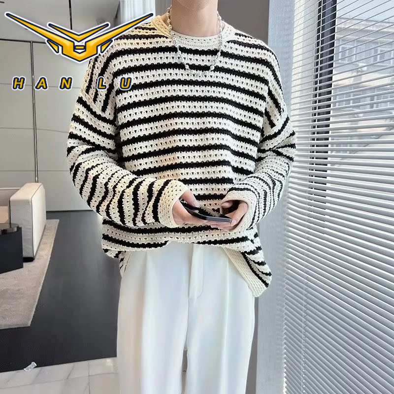 HANLU เสื้อยืดแขนยาวผู้ชายเสื้อกันหนาวลายทางสไตล์เกาหลีหลวม