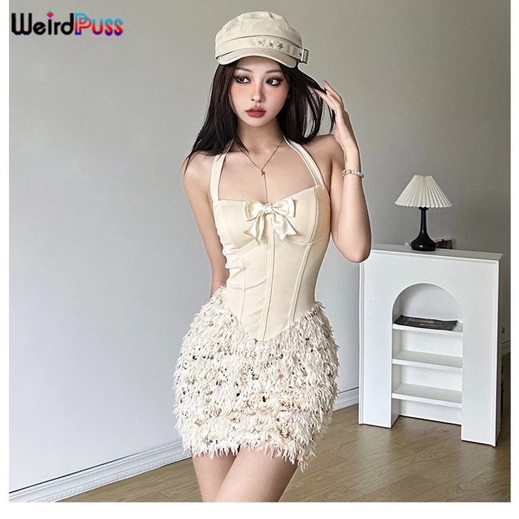 ชุดเดรส แต่งสายคล้องคอเซ็กซี่ สวยหรู สไตล์แอปริคอท สําหรับผู้ใหญ่