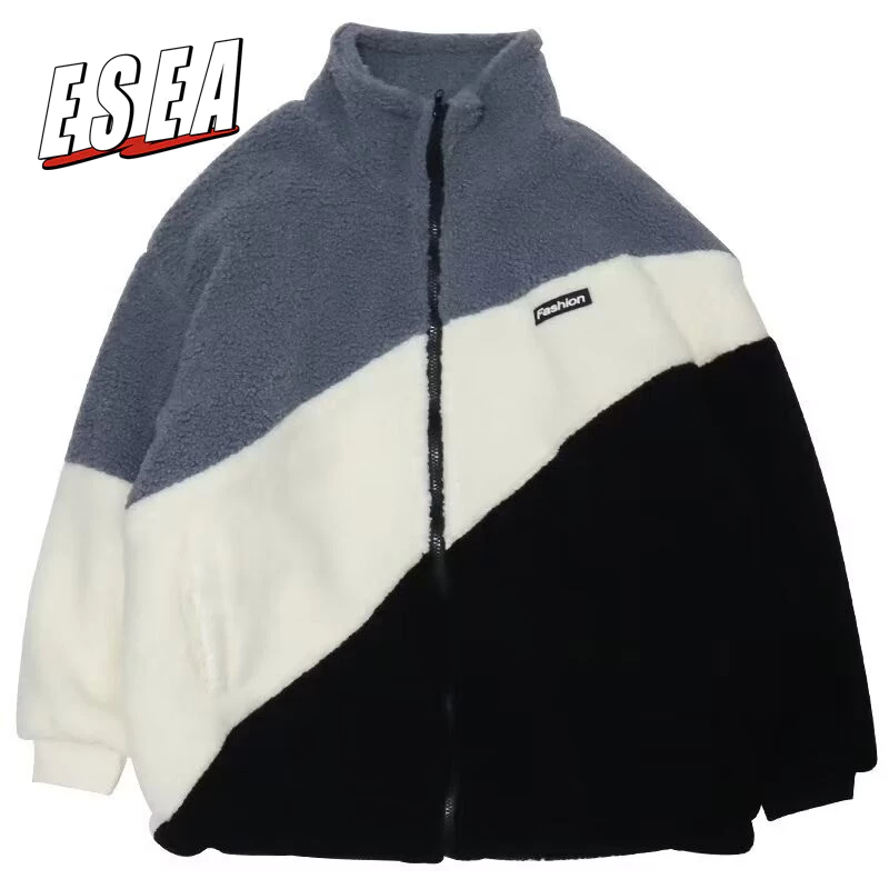 Esea Winter Coat Stand Collar Color Matching Lamb Wool ขนแกะเรียงรายหนาหลวมใหม่