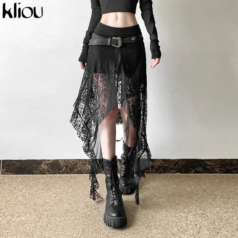 Kliou ลูกไม้กระโปรง Patchwork ไม่สม่ําเสมอเอวสูง Hollow Out Ribbons Ruffles ลําลองแฟชั่น Punk ดู Slimmer Dark สไตล์