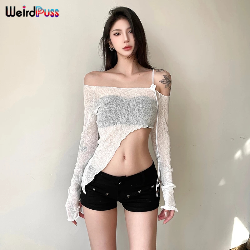 แปลก Puss Casual Strapless Vest หนึ่งไหล่ไม่สมมาตรแขนยาวสะดือสัมผัส Solid Niche Design อเนกประสงค์แฟชั่น 2024 ร้อนใหม่