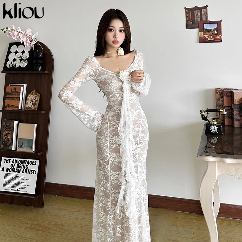 Kliou ชุดเดรสลูกไม้แข็ง 3D ดอกไม้ Patchwork Ribbons รูปเอวแขนยาวแฟชั่นลําลองเซ็กซี่ดู Slimmer สไตล์อเนกประสงค์