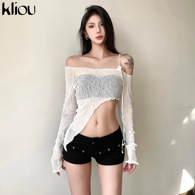 Kliou เสื้อกั๊กไม่มีสายหนังลําลองหนึ่งไหล่ไม่สมมาตรแขนยาวสะดือสัมผัสการออกแบบซอกแข็งอเนกประสงค์แฟชั่น 2024 ใหม่สุดฮอต