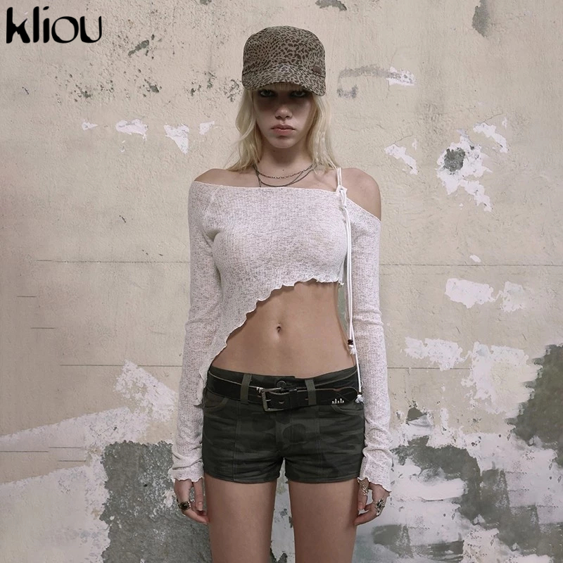 Kliou เสื้อกั๊กไม่มีสายหนังลําลองหนึ่งไหล่ไม่สมมาตรแขนยาวสะดือสัมผัสการออกแบบซอกแข็งอเนกประสงค์แฟชั่น 2024 ใหม่สุดฮอต