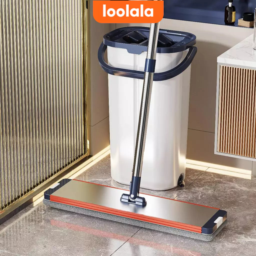 BOSHUO ไม้ม็อบถูพื้นแบบรีดน้ำ ไม้ถูพื้น ถังปั่น Flat Mop ไม้ม๊อบพร้อมถังรีดน้ำ 40cmซักน้ำและรีดน้ำในตัวเดียว ไม่เลอะมือ