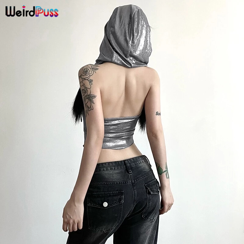 แปลก Puss แฟชั่น Cool เยาวชนผู้หญิงเซ็กซี่แขนกุด Camisoles Backless Hooded Tanks Crop Tops Slim Fit เสื้อกั๊กฤดูร้อนธรรมดา — صورة 3