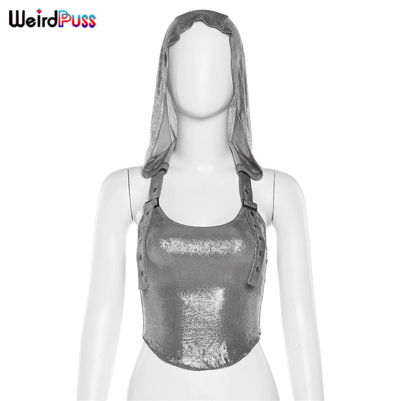 แปลก Puss แฟชั่น Cool เยาวชนผู้หญิงเซ็กซี่แขนกุด Camisoles Backless Hooded Tanks Crop Tops Slim Fit เสื้อกั๊กฤดูร้อนธรรมดา — صورة 7