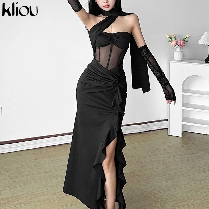 Kliou ตาข่ายชุด Skinny Ribbons Slash-คอ Patchwork Ruffles ด้านข้างไม่สม่ําเสมอแขนสบายๆแฟชั่นเซ็กซี่สไตล์อเนกประสงค์