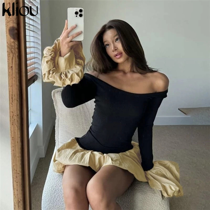 Kliou Panelled Dresses Skinny แขนยาว Patchwork ไม่สม่ําเสมอสองวิธีสวมใส่ Casual แฟชั่นหวานสไตล์อเนกประสงค์สาวเผ็ด