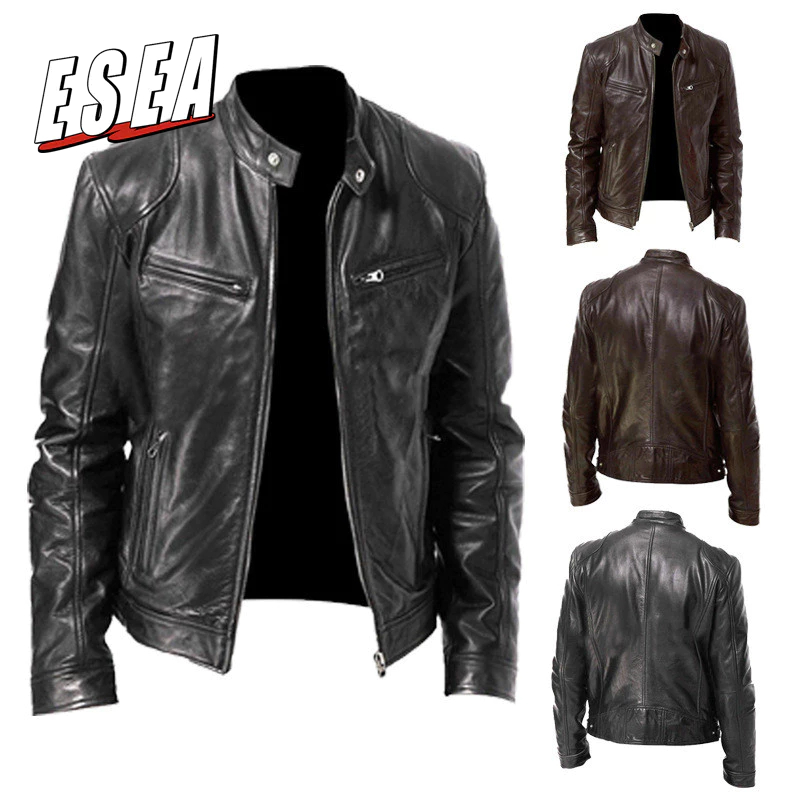 Esea Leather Coat Stand-up Collar Slim Fit Leather Jacket Warm
