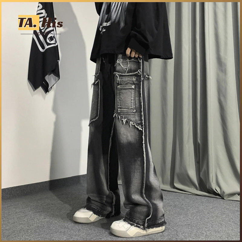 American High Street West Coast Jeans Men Autumn oversize Retro Drape Straight Loose Wide-Leg Pants