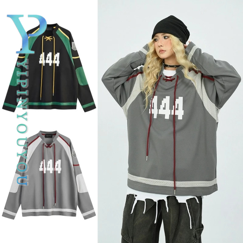 YIPINYOUYOU เสื้อยืดผู้ชายแขนยาวอเมริกันย้อนยุคหลวมสบายๆสีตัดกันสไตล์เป็นกลางเสื้อกีฬาแห้งเร็ว