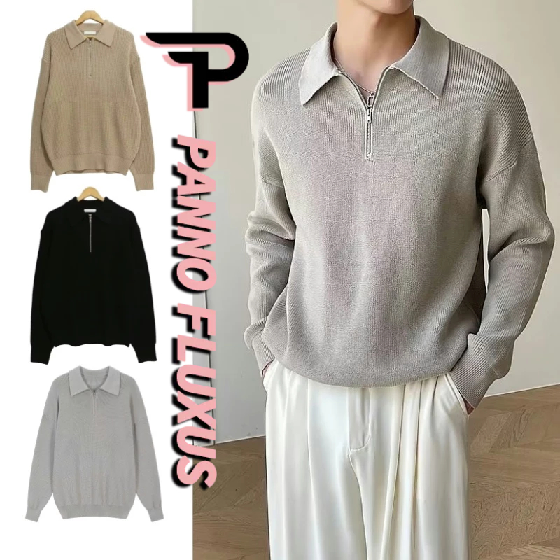เสื้อโปโลผู้ชาย PannoFluxus สไตล์ญี่ปุ่น ซิปครึ่ง เรียบง่าย เสื้อสเวตเตอร์ bottoming ลําลอง