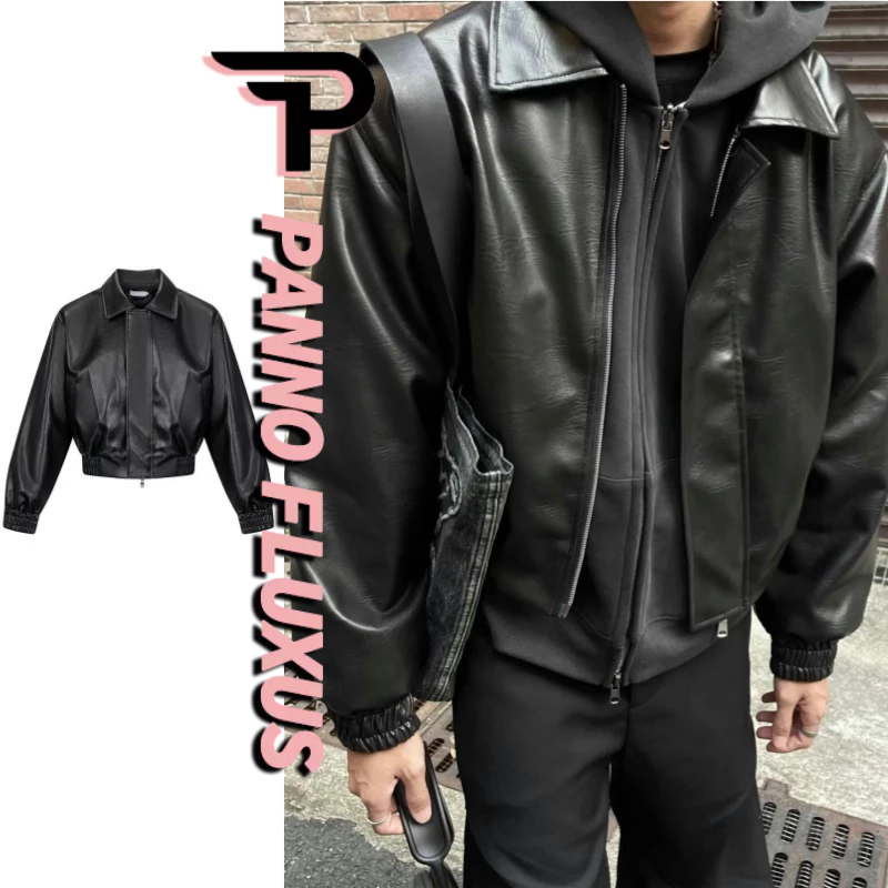 Pannofluxus เสื้อแจ็คเก็ตหนัง PU หรูหราสําหรับผู้ชายฤดูใบไม้ร่วงสไตล์เกาหลีเสื้อแขนยาวระดับไฮเอนด์