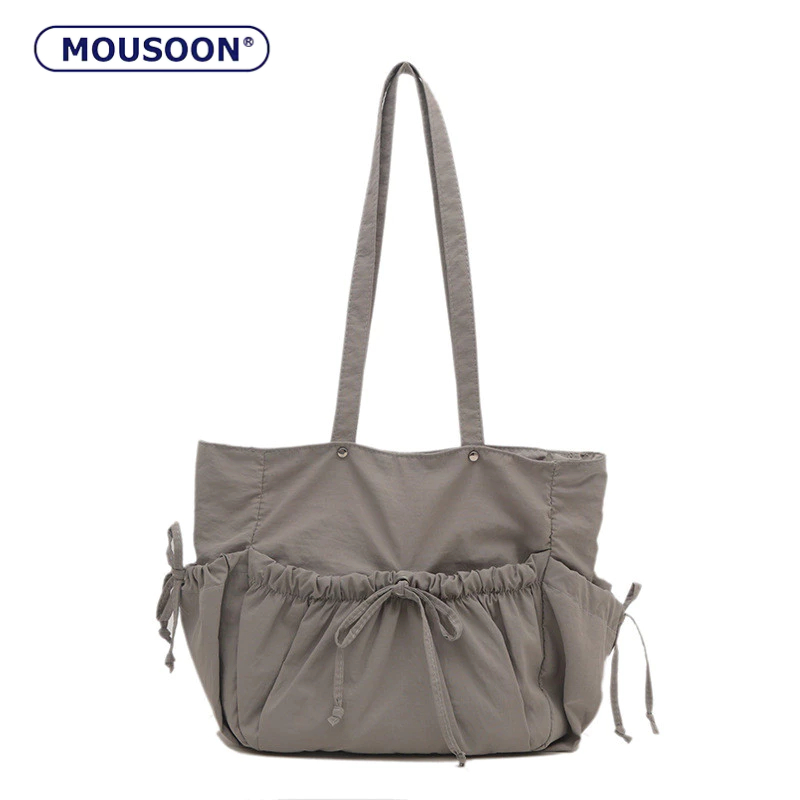 mousoon ฤดูใบไม้ร่วงใหม่ลําลองไนลอน สิริ กระเป๋าผู้หญิงกระเป๋าสะพายความจุขนาดใหญ่ผู้หญิงเรียบง่ายสไตล์เกาหลีเชือกจีบกระเป๋า