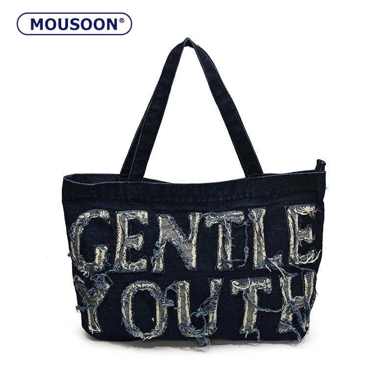 MOUSOON Denim กระเป๋าโท้ทความจุขนาดใหญ่ผู้หญิง Cross-border Retro Casual Class Commuterไหล่Crossbody Underarm Bag