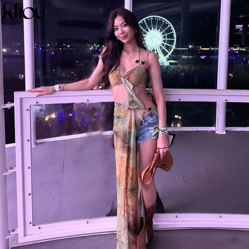 Kliou ฤดูร้อนผู้หญิงกลางลูกวัวเซ็กซี่ตาข่ายชุด K24D46937 สาวพิมพ์ Halter ตัดด้านข้าง Spilt Vestido One Piece Robe เครื่องแต่งกาย