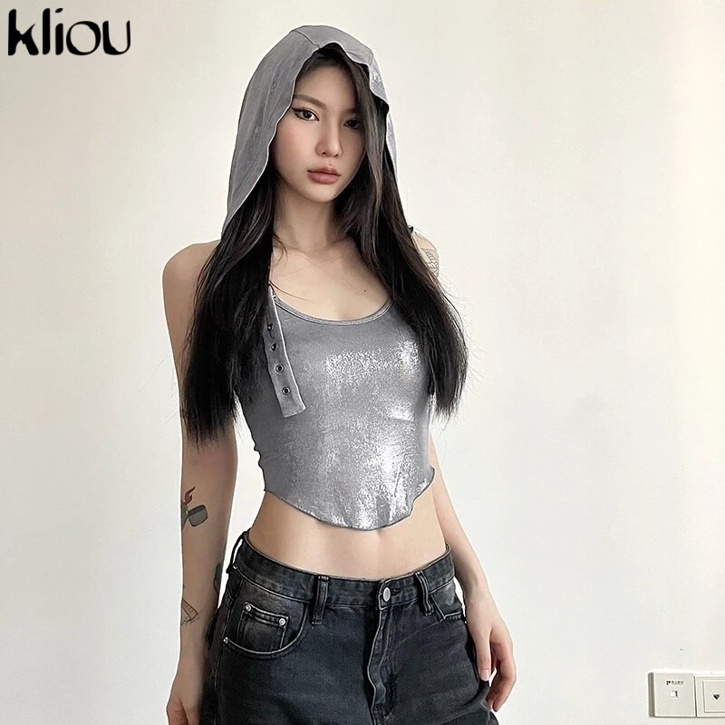 Kliou แฟชั่น Cool เยาวชนผู้หญิงเซ็กซี่แขนกุด Camisoles Backless Hooded Tanks Crop Tops Slim Fit เสื้อกั๊กฤดูร้อนธรรมดา