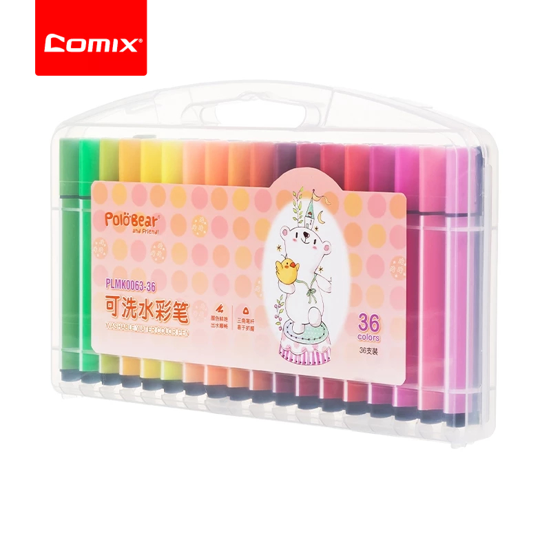 Comix ปากกาสีน้ำล้างออกได้ 36 สี แท่งสามเหลี่ยมสำหรับเด็ก พู่กันวาดรูประบายสีสำหรับนักเรียน อุปกรณ์วาดภาพศิลปะ ชุดพู่กัน