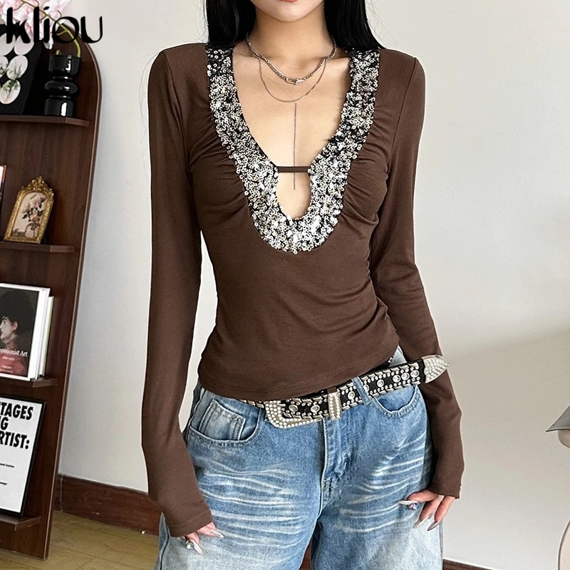 Kliou Sequins Deep V เสื้อยืด Patchwork แขนยาวไม่สม่ําเสมอสบายๆแฟชั่นหวานอเนกประสงค์สไตล์ 2024 PopularA รุ่นใหม่