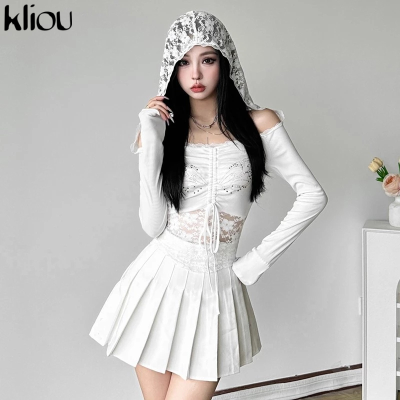 Kliou ลูกไม้แข็งเสื้อยืด Skinny Hooded Patchwork ปิดไหล่แขนยาว Hollow Out Casual แฟชั่นหวานสไตล์อเนกประสงค์