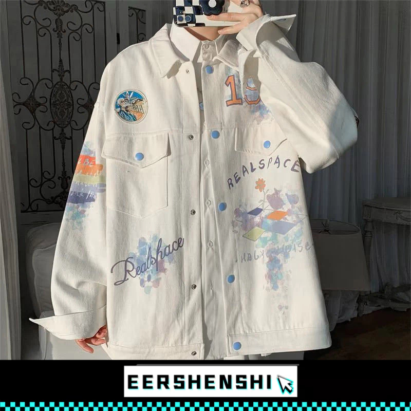 EERSHENSHI เสื้อเชิ้ตผู้ชายการพิมพ์สีlapel Denimใหม่หลวมGraffiti