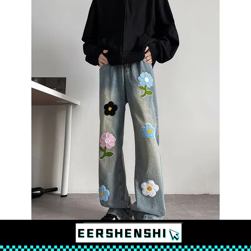 EERSHENSHI กางเกงยีนส์ผู้ชาย อเมริกัน สูง ถนน ปักแฟชั่นแบรนด์ฮิปฮอปหลวมสบายๆกางเกงตรง