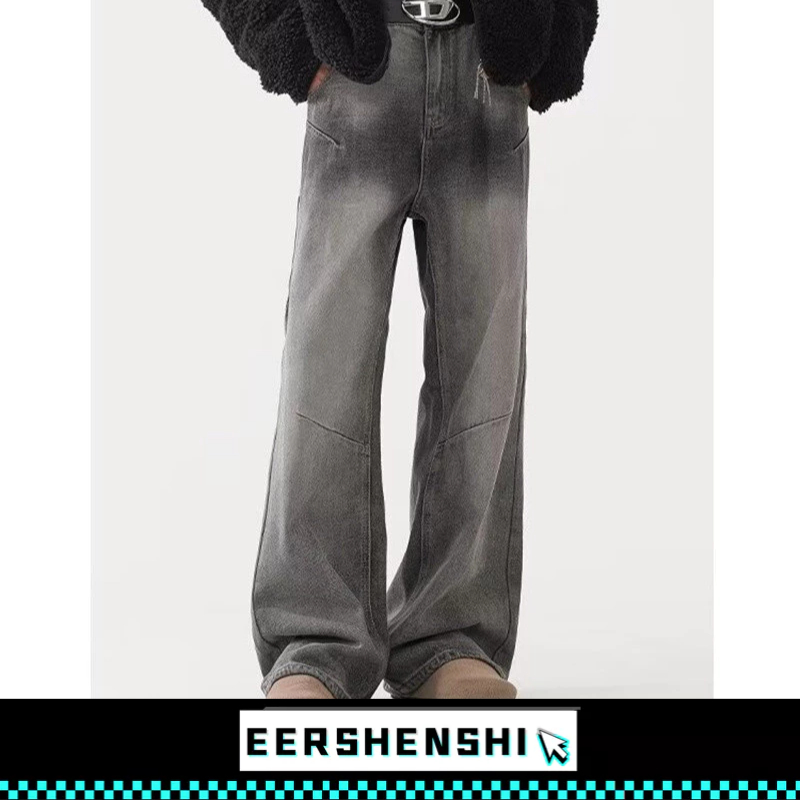 EERSHENSHI กางเกงยีนส์ผู้ชายไล่โทนสีสวมใส่กางเกงยีนส์ล้างออกสีดํา ส-3เอ็กแอล