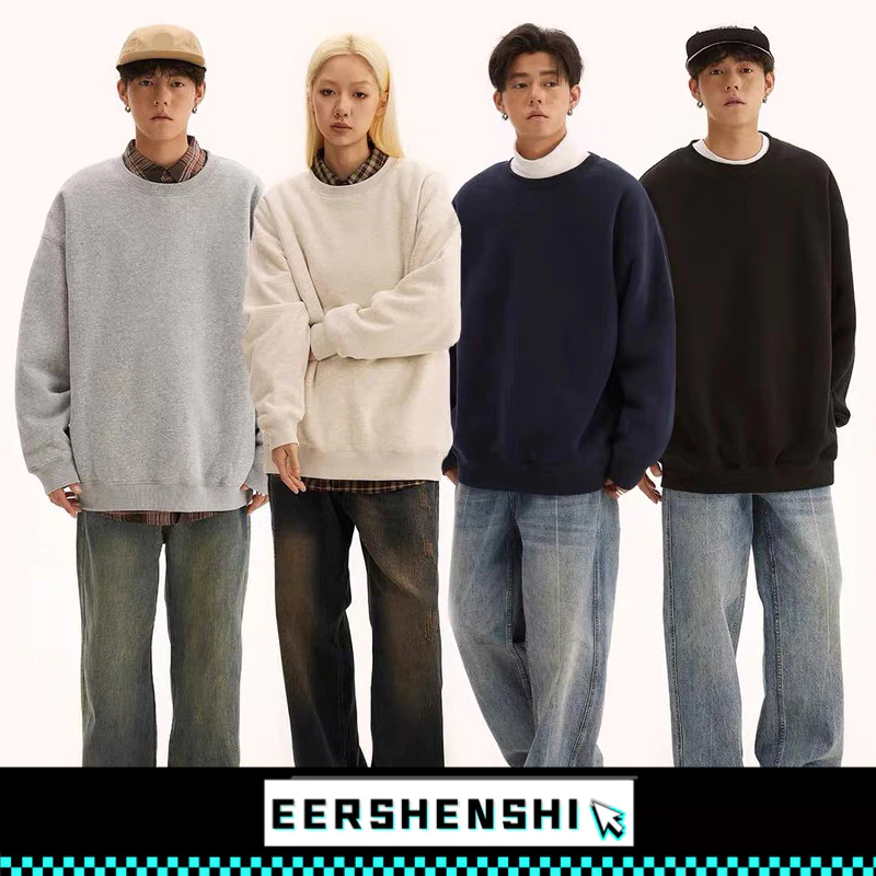 EERSHENSHI ผู้ชายสีทึบเสื้อกันหนาวหมวกรอบคอแนวโน้มหลวมขนาดบวกแปรงเสื้อแขนยาว
