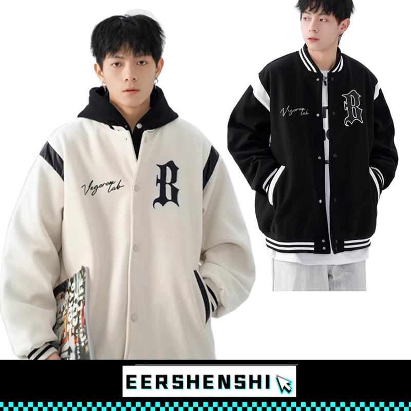 EERSHENSHI เสื้อแจ็คเก็ตผู้ชาย งานปะติดย้อนยุค อเมริกันแฟชั่นสไตล์เกาหลี Denim คู่ Ins ชุดเบสบอล