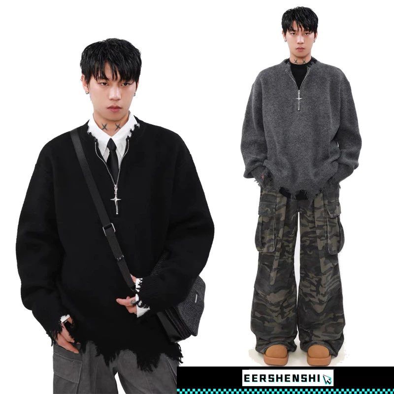 EERSHENSHI เสื้อกันหนาวผู้ชาย American High Street Half Zipper Pullover Loose Design Sweater