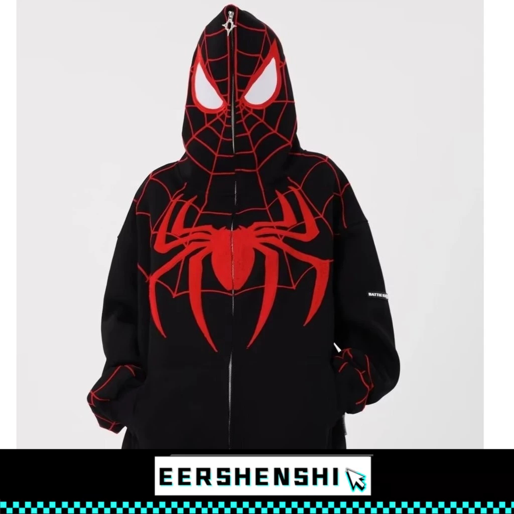 EERSHENSHI เสื้อฮู้ดผู้ชาย เสื้อแจ็คเก็ตคาร์ดิแกนดีไซน์ถนนสูงของ Spider-Man ของญ