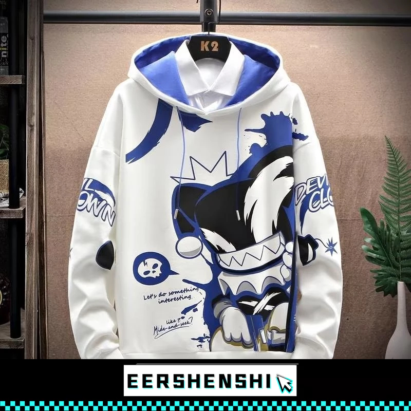EERSHENSHI เสื้อกันหนาวพิมพ์ลายสีดํามีฮู้ดสําหรับผู้ชายใหม่ อิน แฟชั่นเกาหลี