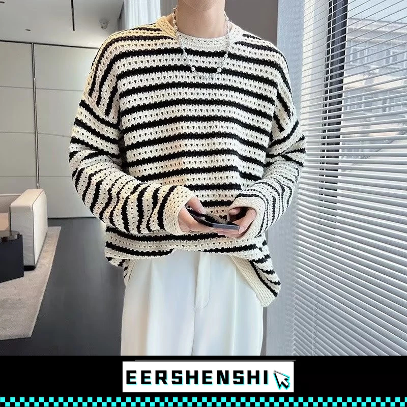 EERSHENSHI เสื้อกันหนาวผู้ชายอินเทรนด์ลายเสื้อกันหนาวแขนยาวคอกลมเสื้อกันหนาวที่เดินทางมาพักผ่อนยอดนิยม