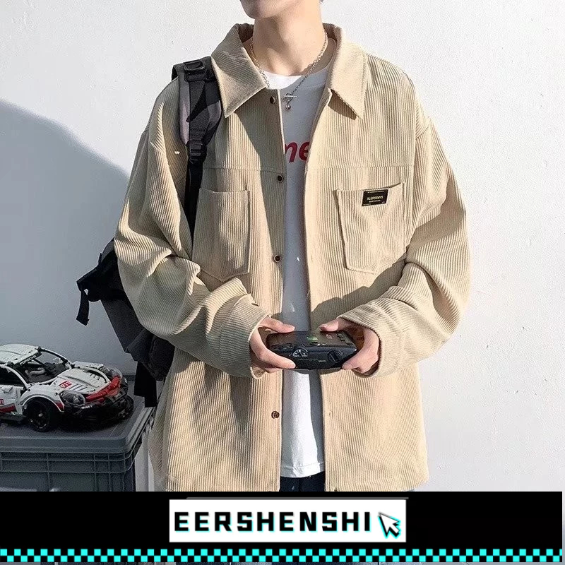 EERSHENSHI เสื้อเชิ้ตผ้าลูกฟูกแขนยาวผู้ชายเสื้อเชิ้ตทรงหลวมแฟชั่นสไตล์เกาหลี