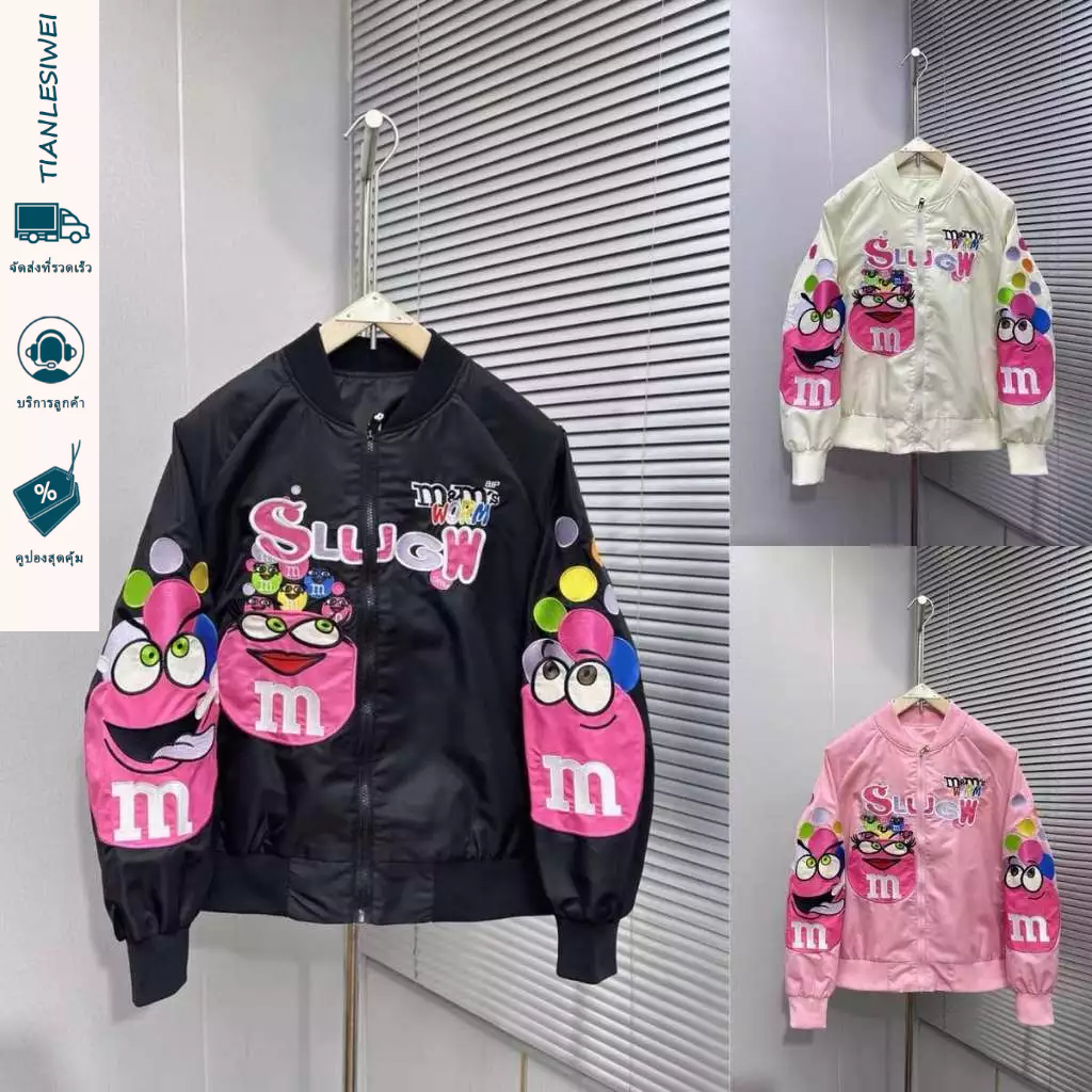 TIANLESIWEI เสื้อแจ็คเก็ตอินเทรนด์ผู้ชายสไตล์ใหม่การ์ตูนเย็บปักถักร้อยคู่แจ็คเก็ตเบสบอลหลวม M bean