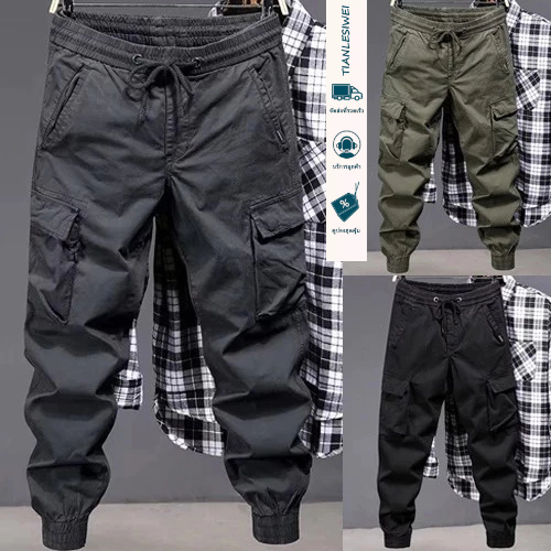 TIANLESIWEI กางเกงขายาวทรงหลวมหลายกระเป๋าสําหรับผู้ชาย American Outdoor Casual Wear-Resistant Work Pants