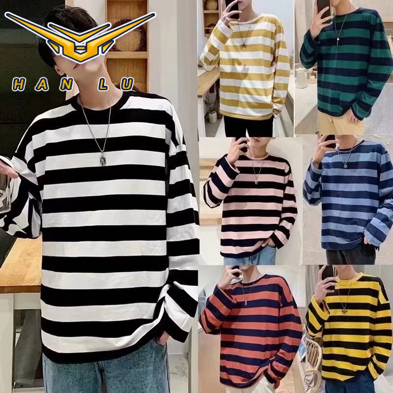 ฮั่นลู่ เสื้อยืดแขนยาวผู้ชายลายฤดูใบไม้ร่วงหลวมสบายๆ สูงสุด