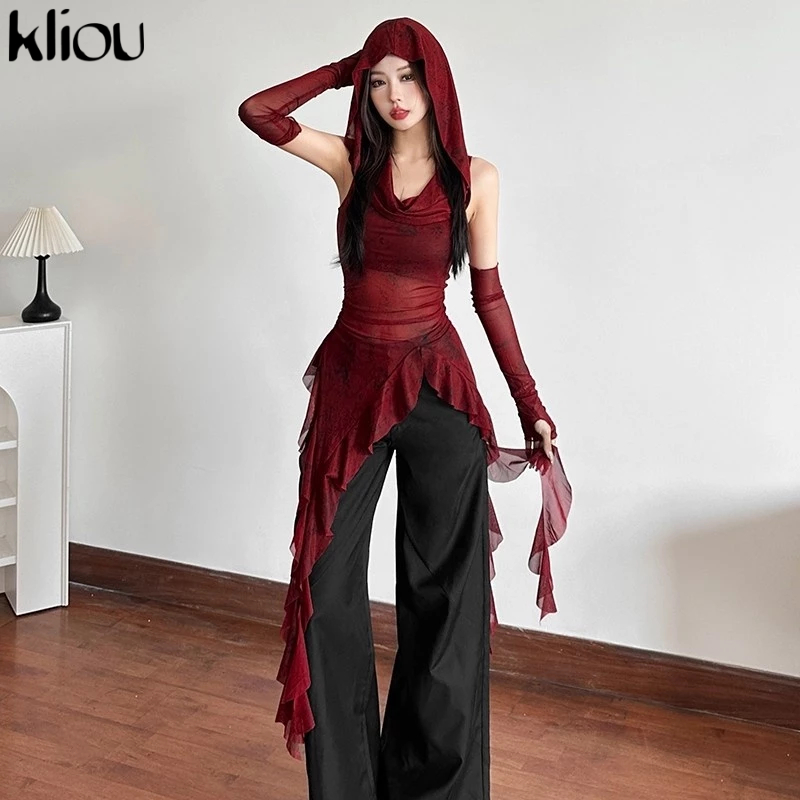 Kliou Ruffles ริบบิ้นเสื้อยืด Skinny รูปร่างไม่สม่ําเสมอ Hollow Out ตาข่าย Hooded เซ็กซี่แฟชั่นสบายๆอเนกประสงค์สไตล์สาวเผ็ด