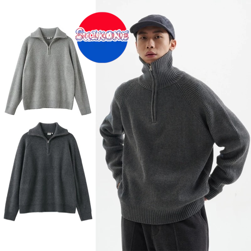 SUIKONE ซุยโคเนะ อเมริกันย้อนยุคความรู้สึกหลวมครึ่งซิปคอปกสูงหนาเสื้อกันหนาวฤดูใบไม้ร่วงและฤดูหนาวสไตล์ขี้เกียจถักเสื้อกัน