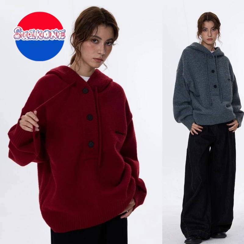 SUIKONE ซุยโคเนะ อเมริกันย้อนยุคระดับไฮเอนด์สไตล์ขี้เกียจสีทึบเสื้อกันหนาวฤดูใบไม้ร่วงผู้ชายและผู้หญิงสบายๆบวกกํามะหยี่ถักเส