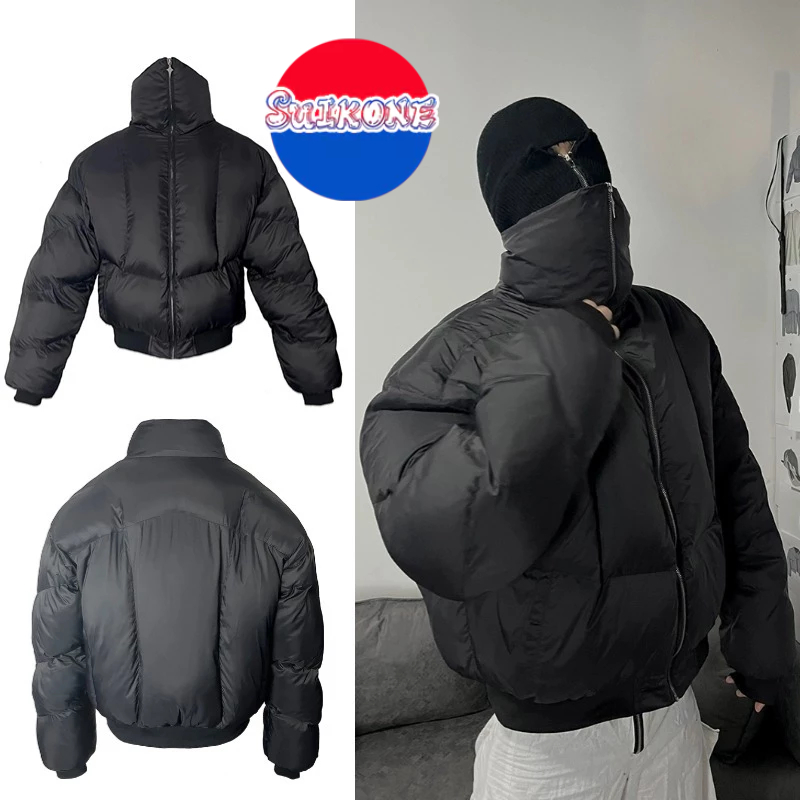 SUIKONE ซุยโคเนะ สไตล์อเมริกัน สูง-จบ ผู้ชายและผู้หญิงคอปกสูงผ้าฝ้ายเสื้อฤดูหนาวสีดําหลวมยืนปกหนาเสื้อ