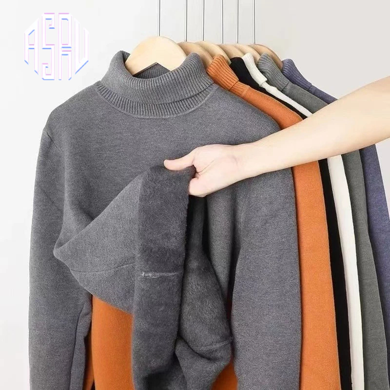 Asrv ฤดูหนาวสีทึบด้านในถักเสื้อกันหนาวเกาหลีหลวมเสื้อสวมหัวคอปกสูงบวกเสื้อกันหนาวกํามะหยี่