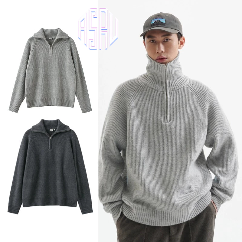 Asrv ฤดูใบไม้ร่วงและฤดูหนาวสไตล์ขี้เกียจถักเสื้อกันหนาวอเมริกันย้อนยุคความรู้สึกหลวมครึ่งซิปคอปกสูงหนาเสื้อกันหนาว