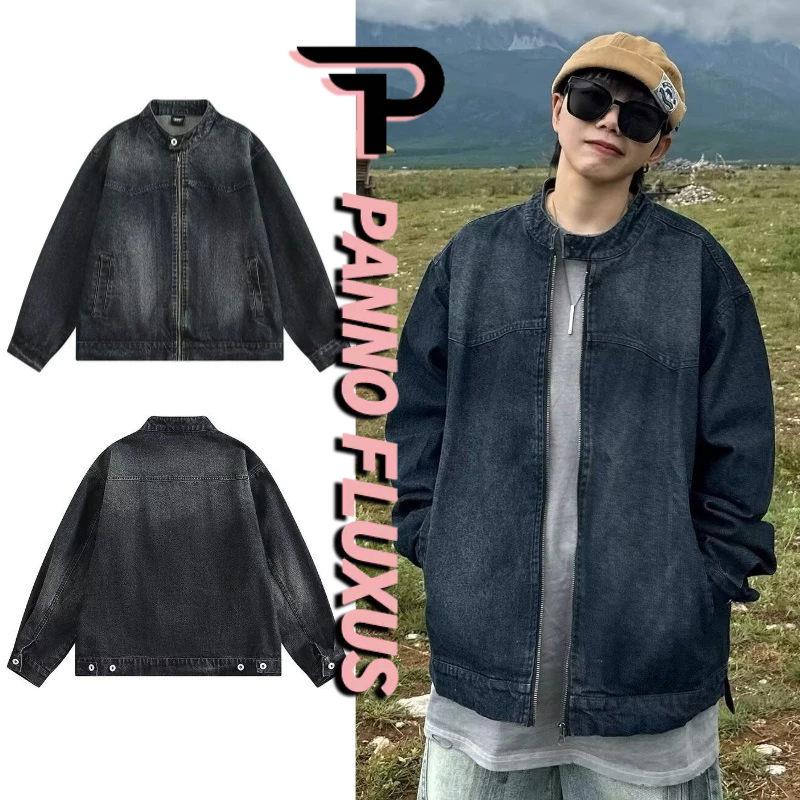 Pannofluxus แจ็คเก็ตยีนส์ผู้ชาย, อเมริกันย้อนยุคหลวมสบายๆอินเทรนด์ high street zipper pocket stand collar jacket