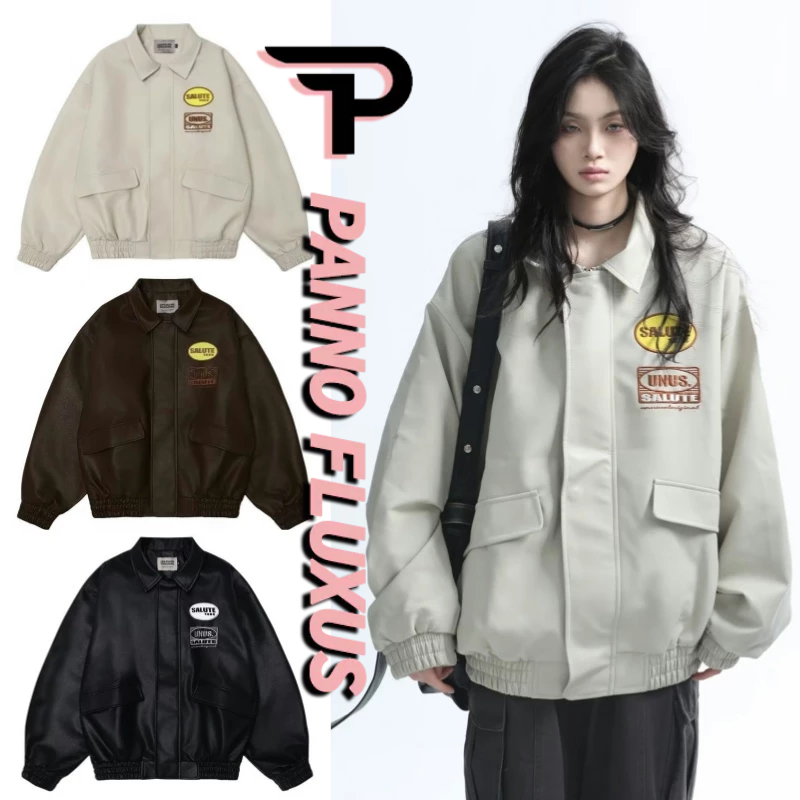 Pannofluxus เสื้อแจ็คเก็ตหนังผู้ชายอเมริกันย้อนยุคหลวมสบายๆสไตล์เป็นกลางนักบินชุดเบสบอล