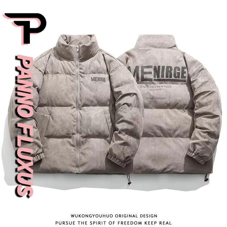 Pannofluxus เสื้อแจ็คเก็ตผู้ชายอเมริกันย้อนยุคหลวมสบายๆสไตล์สตรีทหนังนิ่มพิมพ์ตัวอักษรสไตล์เป็นกลางเสื้อแจ็คเก็ตผ้าฝ้ายคอตั้ง